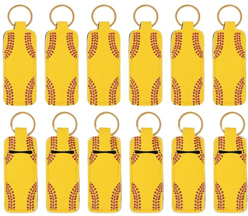Honbay 12PCS Softball Pattern Chapstick Holder Keychain Lip Balm Holder Lipgloss Holder Lipstick Holder Clip-on Sleeve Pouch for Travle or Daily Outing for Women and Girls Handbags Backpacks, Yellow
