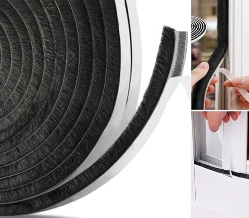 AFAXINRIE Burlete para puertas, burlete para ventanas, 5 metros de largo x 9 mm de ancho x 9 mm de alto, tira de sellado de cepillo autoadhesivo para puerta, ventana, color negro