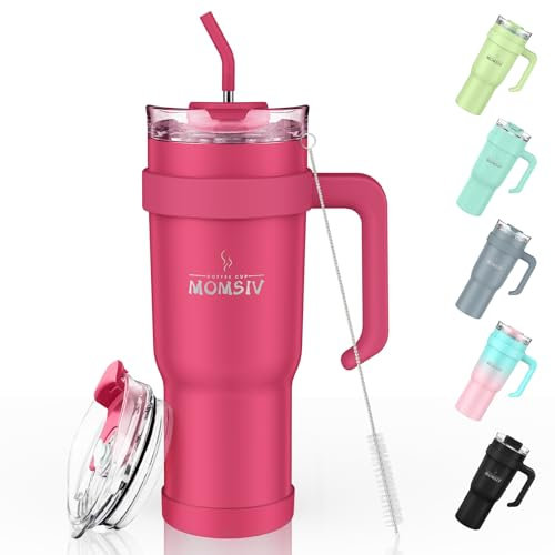 MOMSIV 40oz Thermobecher mit Stroh und Griff, 1100ml Spülmaschinenfest Kaffeebecher, Doppelwandiger Edelstahl Vakuum Auslaufsicher Isolierbecher Autobecher für Kalte Heiße Getränke, Rosarot