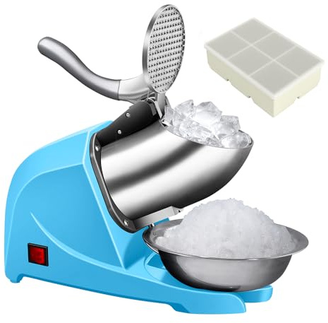 Electric Ice Shaver Snow Cone Maker Prevent Splash Stainless Steel 4 Blade Machine, 200lbs/hr with Ice Pick for Home and Commercial Use (Blue)