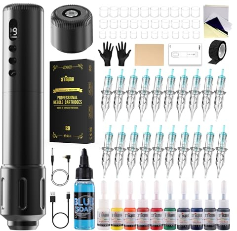 STIGMA Wireless Tattoo Maschine Set Rrofessional Rotary Tattoo Pen Kernloser Motor 1000mAh Batterieleistung with 20 PCS Tattoo Cartridge Nadeln für Tätowierer STE42KIT-1
