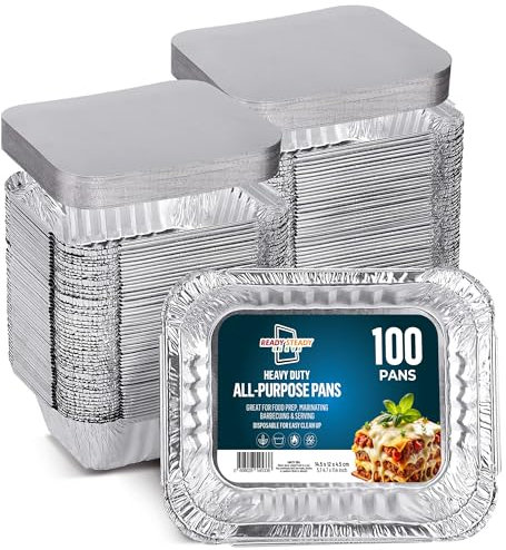 ReadySteadyServe 100 Pack Small Aluminium Foil Food Trays with Lids 450ml No.2 | Takeout Pans 14.5 x 12 x 4.5 cm