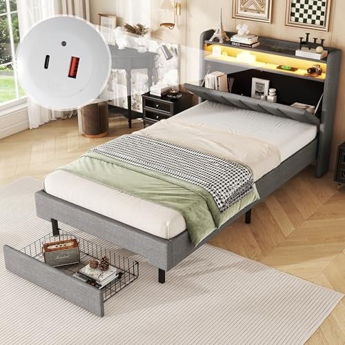 Polsterbett 90x200cm, Einzelbett Stauraumbett Funktionsbett mit Bettkästen&Lattenrost, Aufklappbares Kopfteil mit LED&USB-Steckdose&eingebautes Staufach, Flachbett Bettgestell Gästebett, Linen, Grau