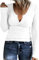 TrendiMax Womens Long Sleeve Notch V Neck T Shirts Ribbed Fleece Knit Casual Slim Fitted Tops Tee Shirt White