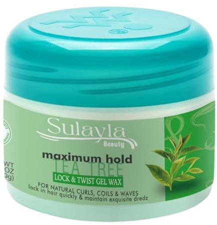 Sulayla Beauty Tea Tree Lock & Twist Gel Wax - Maximum Hold - 150 grams or Afro Hair, Frizz Control, with Coconut Oil & Castor Oil.