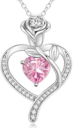CDE Halskette Damen Rosegold Herz Kette Sterling Silber 925 Geburtsstein Geschenke für Frauen mit Anhänger Schmuck Geburtstag Weihnachten Valentinstag Muttertag Mama (Silber-10-Okt)