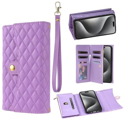 Handyhülle für Samsung Galaxy A35,Flip Case Lederhülle Reißverschluss Schutzhülle Magnet Aesthetic Mädchen Brieftasche mit Kette Kartenfächern Standfuntion Ledertasche,lila