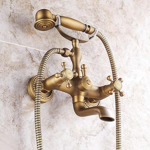 Mitigeur de Lavabo Robinet de Baignoire Mural avec Douche Mitigeur de Baignoire 2 Trous Double Levier Robinet de Salle de Bain Eau Chaude Et Froide Mitigeur de Douche Antique