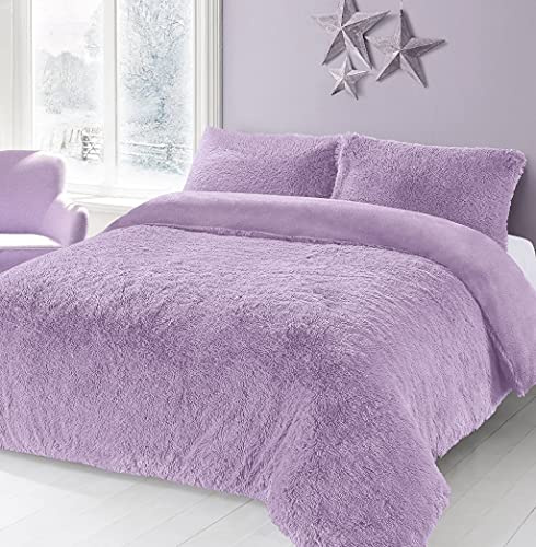 NIGHTS Teddy Bear Fleece Long Fur Cuddles Luxury Duvet Cover Set Warm Cosy Soft Teddy Bedding Set (Single, Double, King,Super King) (Lilac, King)