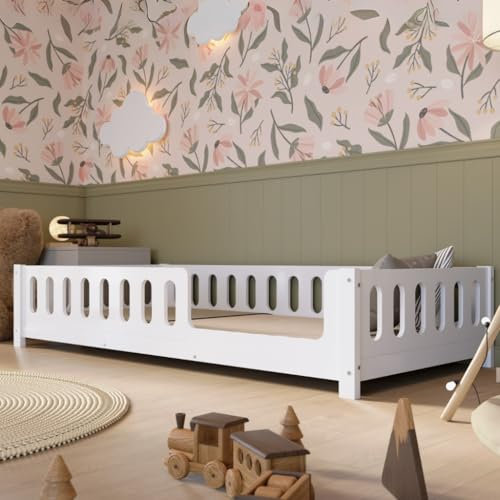 Crazy Pine Kinderbett 80x160 cm – Weißes Montessori Bodenbett mit Rausfallschutz aus MDF – Sicheres Kleinkindbett mit Abgerundeten Kanten – Einstieg rechts – Einfache Montage – Crazy Ethan