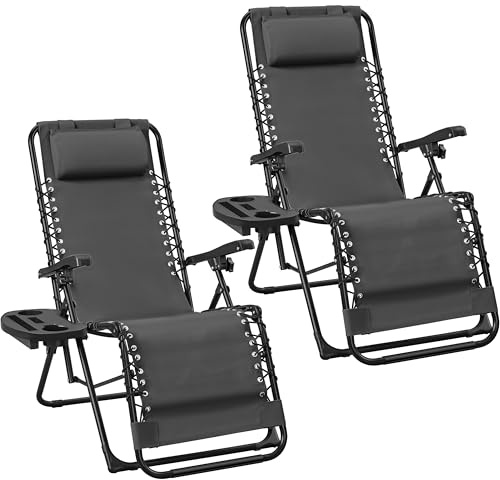 Abician Lot de 2 Transat Pliant Zéro Gravité Inclinable 114kg Gris foncé | Chaise Longue en Textilène, Bain de Soleil, Dossier Inclinable Multiposition, Plateau Amovible, pour Piscine Jardin Terrasse