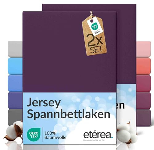 etérea Jersey 2er Set Spannbettlaken 140x200cm - 160x200cm Pflaume bis 25 cm Höhe - 100% Baumwolle Spannbetttuch Oekotex - Doppelpack Bettlaken 140x200 cm - 160x200 cm - Lila