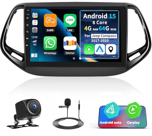 GOHHDL 4G+64G 8-Kern Qualcomm Android 15 Autoradio für Jeep Compass 2017-2020 mit Navi Carplay Android Auto, 10.1 Zoll Auto Bildschirm 2Din mit GPS WiFi Bluetooth FM/RDS DSP SWC Rückfahrkamera+MIC