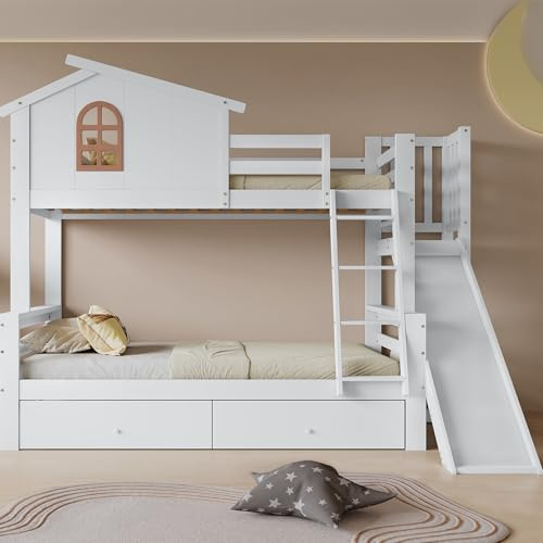 GigaXynium Etagenbett, Kinderbett, Zwei Schubladen mit Rollen, Exquisite Schöne Fenster, Eck-Leiterschrank, Stabile Lattenroste, Weiß+Natur, 90x200cm (Weiß mit Rutsche)