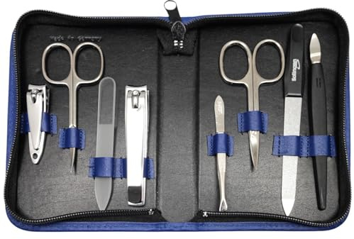 8-teiliges Maniküre-Set Echtleder Etui · Solingen Instrumente · Made in Germany Blau