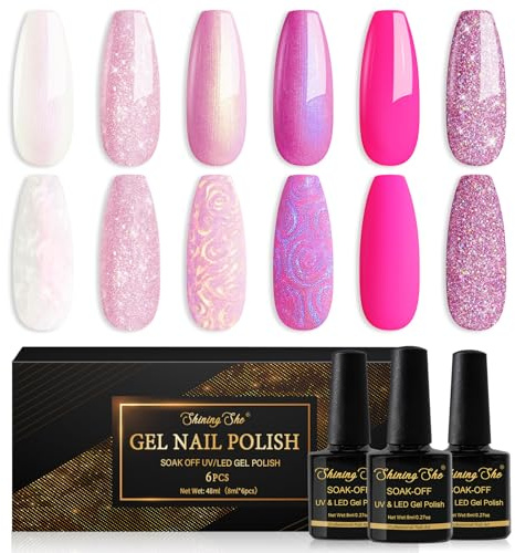 Shining She Gel Nail Polish Pink Glitter, 6 Colors Pearl White Pale/Soft/Bright/Hot Pink Rose Glitter Gel Polish Soak-Off UV/LED Shimmer Nail Polish for Nail Art Salon DIY at Home, 8ML