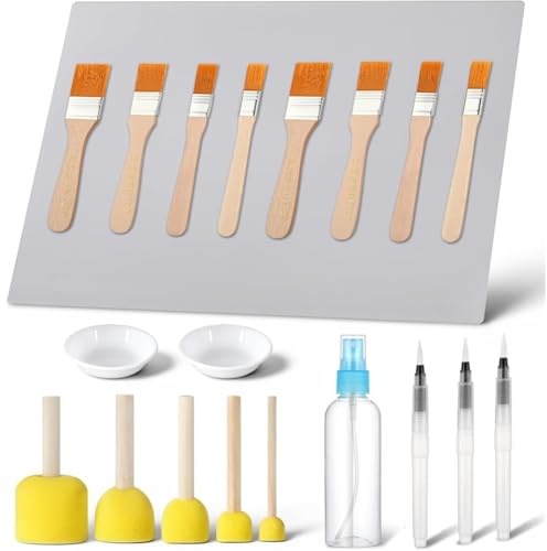 Hipzeepo Pinceaux de Découpages, Pinceaux en Mousse, Stylos à Eau, Bol de Conteneur à Colle, Bouteille Pulvérisateur, Pack de 20 Outils de Découpages, Tapis de Table en Silicone