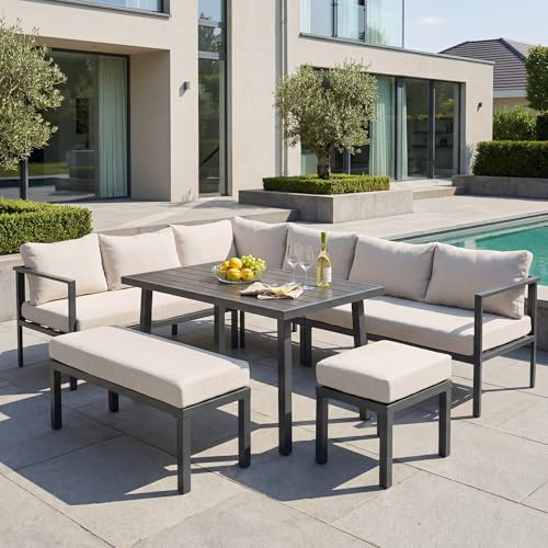 Huayz Juego de muebles de jardín para 8 – 9 personas, muebles de salón exterior, posición esquinera, tubo de acero galvanizado, tablero de madera de plástico, incluye todos los asientos y respaldos