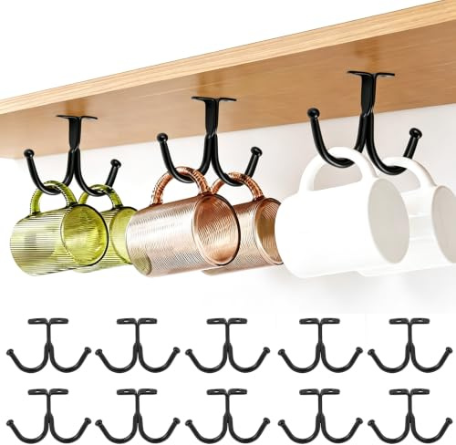 10-Pack Mug Holder Under Shelf, 85 mm/3.35 inches Under Cabinet Cup Holder | Heavy Duty Kitchen Utensil Organizer, Multifunction Ceiling Storage Hanger for Office Cafe Bar Cups & Glasses