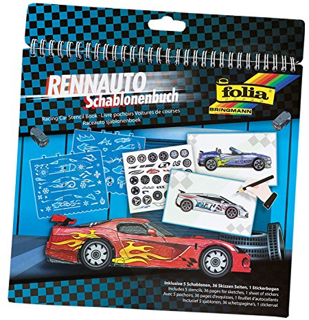 folia 41202 - Schablonenbuch Rennwagen, Block mit 36 Malvorlagen, 5 Schablonen und 1 Stickerbögen - ideal für Jungen, Mittel