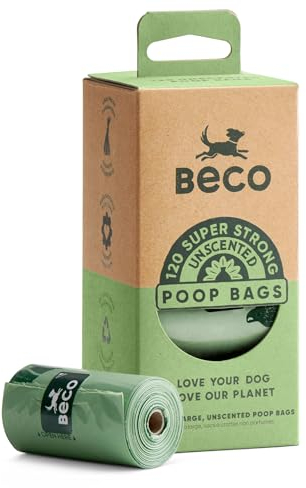 Beco Dog Poop Bags Rolls - Strong & Large - 120 Bags (8 Rolls of 15) Unscented, Dispenser Compatible for Dog Waste