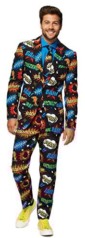 OppoSuits Herren Opposuits Crazy Prom Suits For Men – Badaboom Comes With Jacket, Pants And Tie in Funny Designs Herrenanzug, Schwarz, 50 EU
