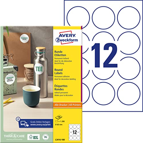 AVERY Zweckform L3416-100 runde Etiketten (zum Bedrucken, selbstklebend, Ø 60 mm, A4, 1.200 Aufkleber auf 100 Blatt, Klebepunkte zum Kennzeichnen von Unterlagen, Produkten) weiß, 1.200 Stück, 60 mm