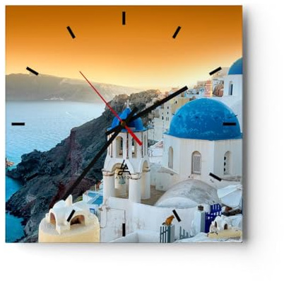 ARTTOR Moderne Glasuhr 30x30cm Quadrat Wanduhr Architektur Maritim - 2529 | Santorini Griechenland Feiertage Glas Analog Wanduhr Lautlos Wanddekoration Wohnzimmer Küche Wanddeko Küchenuhr ARTTOR