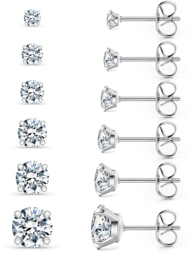 6 Pairs Stud Earrings Set, Hypoallergenic Cubic Zirconia 316L Earrings Stainless Steel CZ Earrings 3-8mm (Steel color)