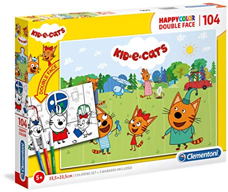 Clementoni 25707 Happy Color Double Face Kid & Cats – Puzzle 104 Teile ab 5 Jahren, doppelseitiges Kinderpuzzle mit Bild zum Ausmalen, inkl. 3 Filzstiften, Denkspiel für Kinder
