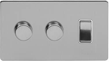 Soho Lighting Brushed Chrome 3 Gang Light Switch with 2 Dimmers (1x2 Way Light Switch with 2X Trailing Edge Dimmer) Wht Ins Screwless