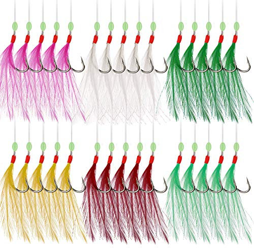 Rodeel 6 Packs/30 Hooks Mackerel Feathers Sea Boat Beach Pier Lure Fishing Rigs, 5 Hook Positions/Feather Rig,6 Colors Selection Pack