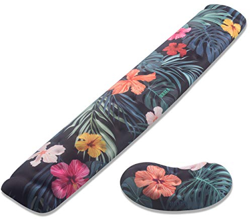 BRILA Memory Foam Mouse & Keyboard Wrist Rest Support Pad Cushion Set for Computer, Laptop, Office Work, PC Gaming - Massage Holes Design - Easy Typing Wrist Pain Relief (Floral Leaves)