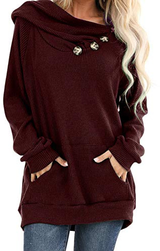 ANCAPELION Damen Hoodie Gestrickt Pulli Pullover Langarm Oberteile Einfarbig Sweater Tunika Top mit Knopf Tasche