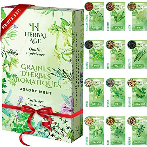 HERBAL AGE 12 Variétés de Plantes d'Herbes, 8700 Graines d'Herbes, Idée Cadeau Homme et Femme, Kit de Jardinieres Exterieur Pour Adultes, Enfants, Débutants, Menthe, Persil, Basilic, Romarin