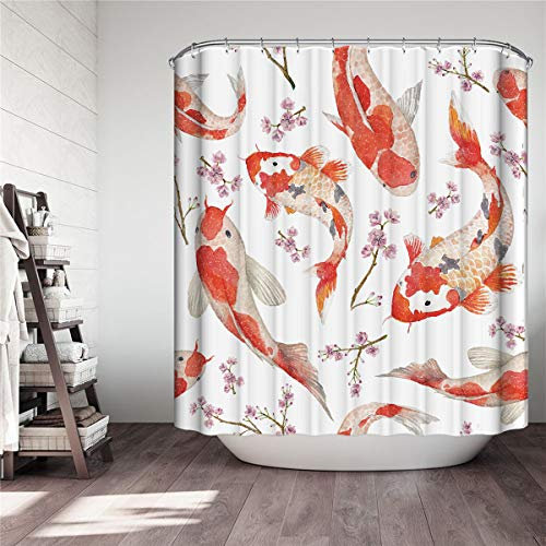 FANSU Rideau de Douche Lavable Résistant à l'eau Anti-moisissure, 3D Imprimé Polyester Rideaux de Salle de Bain Facile à Nettoyer avec 12 Crochets Décor À Maison (Poisson Rouge,180x180cm)