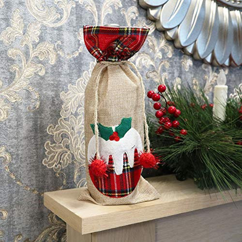 SHATCHI Wine Bottle Liquor Cover Bag with Drawstring Printed Pattern Burlap Hessian Linen Novelty Dinner Table Decorations-Reindeer/Snowman/Robin/Christmas Pudding, 15x35cm