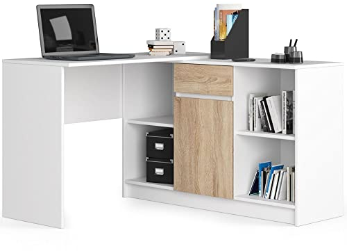 AKORD Eck-Schreibtisch B-17, 2-in-1 Kombination Schreibtisch + Kommode mit 1 Schublade, 1 Ablagefach mit Tür und 2 offenen Ablagen | B120 x H79/77 x T126, 68 kg | Weiß & Sonoma Eiche Front