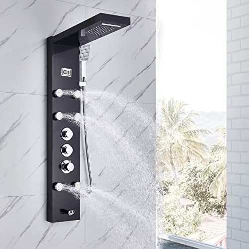 fyheast Duschpaneel Mit Thermostat Edelstahl Brausegarnitur 5 Funktionen Duschsystem Regendusche Dusche Armaturen AußEndusche, Schwarz