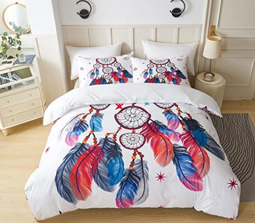 Parure De Lit Bohême En Plumes, Imprimé 3D Housse De Couette Violet Fleur De Datura polyester Et 2 Taies D'oreiller Douce Respirante Parure De Lit Dreamcatcher 3 Pièces Datura Flowers-A||220x240cm