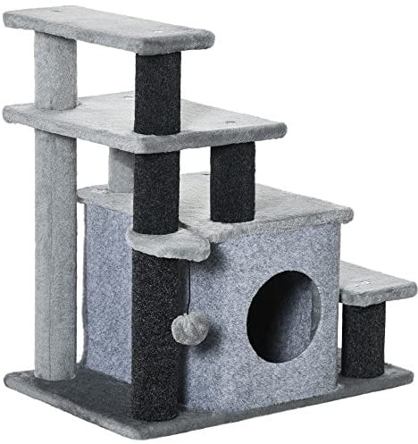 PawHut Dog Steps for Bed, 4 Step Pet Stairs with Cat House, Detachable Cover, Jute Scratching Post, Cat Climb ladder for Sofa w/Hanging Balls - Grey
