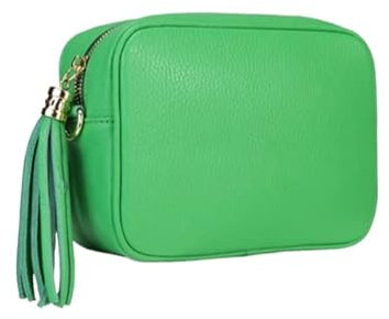 Miss B - Borsa Donna a Tracolla in Pelle Made in Italy, Borsetta piccola con frange e chiusura a cerniera, pochette con tracolla da donna & ragazza, tanti colori disponibili (verde prato)