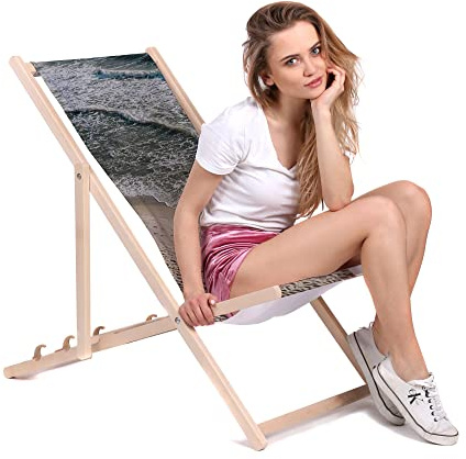 DreamRoots Liegestuhl Klappbar Holz aus Buchenholz, bis 130 kg belastbar, 3-Fach verstellbare Rückenlehne, waschbarer Polyesterbezug