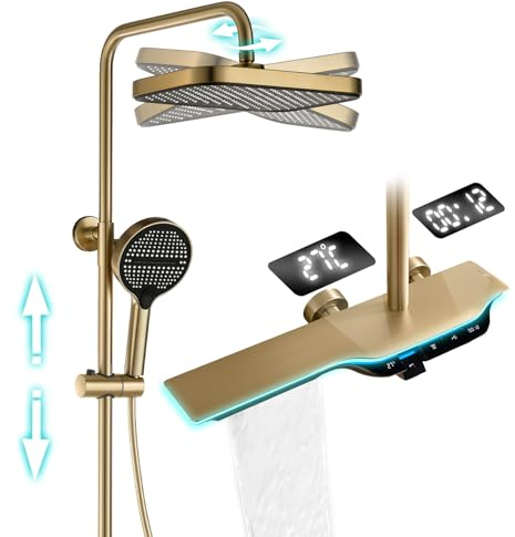 LNXGJJ Colonne de Douche Thermostatique Colonne Douche Salle de Bain Affichage Numérique Colonne de Douche avec Mitigeur, Or Brossé Hauteur RéGlable Ensemble de Douche avec Douchette