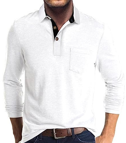 Mens Polo Shirts Long Sleeve Tops Casual Shirt Golf Top Cotton Tee Basic T-Shirt Knitted Buttons White L