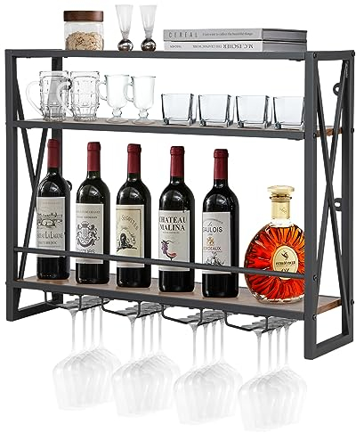KOMFOTTEU Botellero de Pared, Estante de Vino Decorativo con Portavasos para Copas, Soporte para Botellas Colgante, 20 kg de Carga por Capa, para Cocina, Bodega, Bar (80 x 20 x 63 cm)