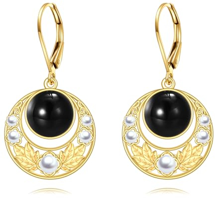 Schwarze Onyx Ohrringe Ovale Tropfen Ohrringe aus Sterling Silber 18 Karat Gelbgold Vergoldet Filigrane Boho Ohrhänger Schmuck Geschenke für Damen und Mädchen (Schwarze Onyx Perlen Ohrringe)