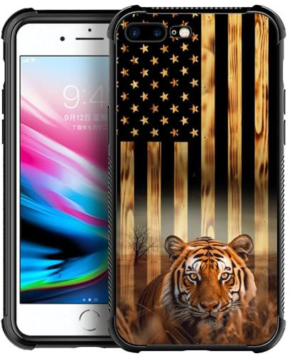 DAIZAG Case Compatible with iPhone 8 Plus Case,Tger American Wood Grain Flag iPhone 7 Plus Cases for Man Woman, All-Round Protection Shockproof Anti-Scratches TPU Cover Case