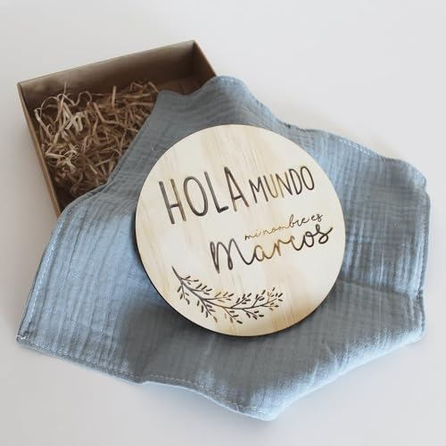 DEHOME: Placa Personalizada para Recién Nacido Hola Mundo - Placa de nacimiento de Madera - Regalo Nacimiento