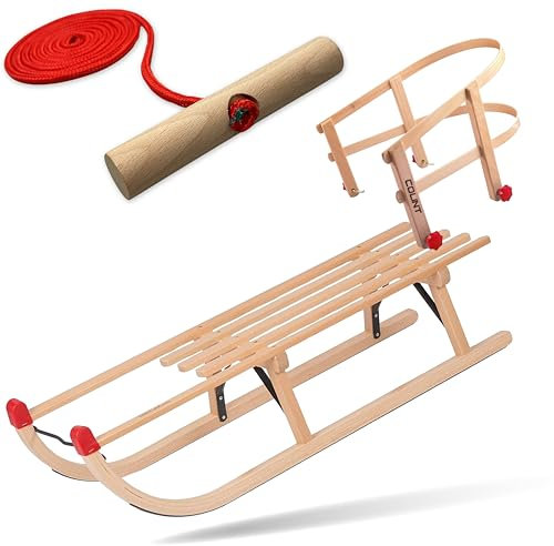 Explorer Colint Holzschlitten mit Rückenlehne für Kinder ab 1 Jahr und Erwachsene Set Schlitten Davos mit Leine und Vollholz Lehne in Rot 90cm Alpina Fun